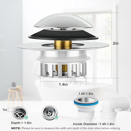 Universal 3-in-1 Bathtub Drain Stopper with Hair Catcher, 1.45-1.8 inch (2, Sliver)