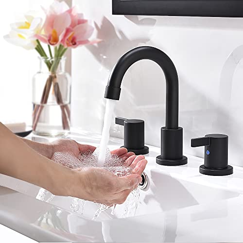 8 Inch 3-Hole Low-Arch 2-Handle Widespread Bathroom Faucet with Valve and Metal Pop-Up Drain Assembly,Matte Black, WF15-1-MB - color: Black