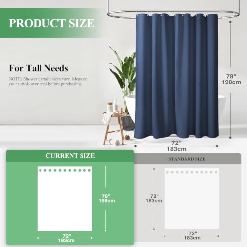 Long Waffle Shower Curtain 256 GSM Heavy Fabric 72x78 Navy Blue | 78 Inch Long, Thick Polyester Cloth, Weighted Hem, Water Repellent, Washable, Tall Hotel Bathroom Shower Curtain Set 12 Hooks - color: Navy Blue, size: 72"W x 78"L (Pack of 1)