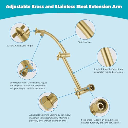 Hibbent Rain Shower Head, 13'' High Pressure Rainfall Square 5 Spray Mode Showerhead with 16" Shower Head Extension Arm, Solid Brass Adjustable Shower Arm Extender, Brushed Gold - color: Brushed Gold, style: Square 13'' with Arm