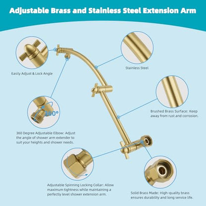 Hibbent Rain Shower Head, 13'' High Pressure Rainfall Square 5 Spray Mode Showerhead with 16" Shower Head Extension Arm, Solid Brass Adjustable Shower Arm Extender, Brushed Gold - color: Brushed Gold, style: Square 13'' with Arm
