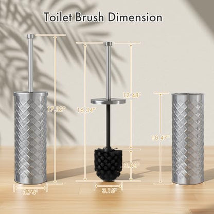 Toilet Bowl Brush and Holder Set 3 Pack with 6 Extra Brush Heads (Silver) | Extra Long Handle with Splash Guard Cover, Tool-Free Installation, Bathroom Space-Saving, Cleaner Sets for Apartments, RV - color: Silvery
