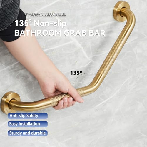 20 Inch Bathroom Grab Bar, Angled Grab Bar with Anti-Slip Knurled Grip, Brushed Gold Stainless Steel Bath Balance Bar, Safety Hand Rail Support, Handicap Elderly Senior Assist Bath Handle - color: Brushed Gold