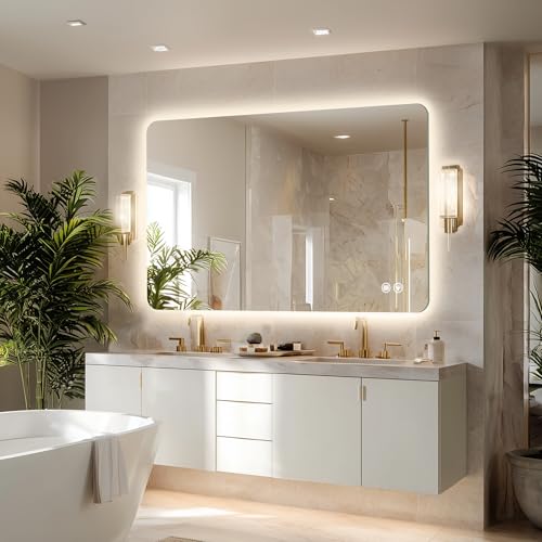 48''x30'' Lighted Mirrors for Bathroom Wall Backlit Rectangular Rounded Corners, LED Bathroom Mirror Frameless with Lights Anti Fog, Dimmable, 3 Colors,Tempered Glass, Shatter-Proo - color: Color 2, size: 48"L x 30"W