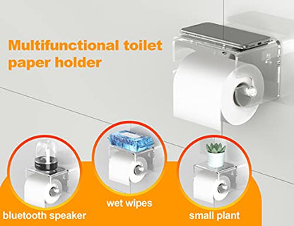 Adhesive Toilet Paper Holder with Shelf, Bathroom Toilet Paper Roll Stand, Wall Mounted Tissue Storage Holder, Acrylic Bathroom Accessories, with 3M Self Adhesive No Drilling (Clear)