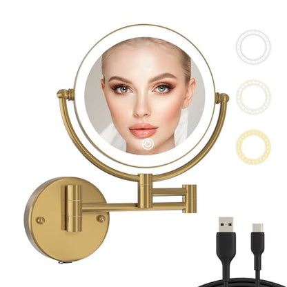 Wall Mounted Lighted Makeup Mirror with Magnification Rechargeable | 1X/10X Bathroom 2 Sided Vanity, 360 Rotation Retractable Swing Arm, Upgraded 3 Color LED & Brighter, Brushed Moderne Brass - color: Brushed Moderne Brass