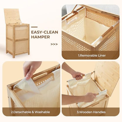 TIOPGHAD Bamboo Wicker Laundry Hamper with Lid, 13 Gal, Natural | Woven wicker, bamboo frame, removable cloth bag, wooden handles, lidded rectangular design, 13.8 x 12.6 x 23.6 in