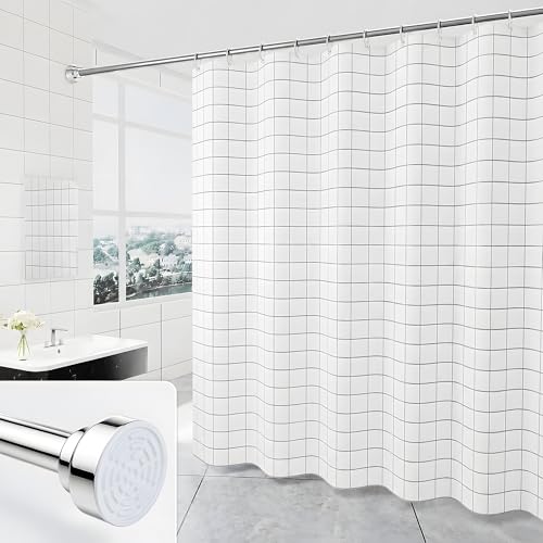 304 Stainless Steel Shower Curtain Rod, Adjustable Telescopic Tension Rod, Rustproof Bathroom Rod, No Drilling Expandable Curtain Rod 42–78 Inch – Brushed Nickel + 80“ x 80” Shower Curtain - color: Brushed Nickel, size: 42"–78"