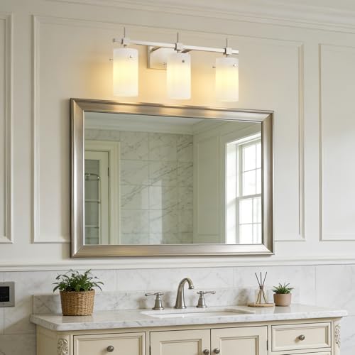 SOLFART Brushed Nickel Bathroom Light Fixtures, 3-Light Modern Vanity Light Over Mirror, Wall Sconces with Milky White Frosted Glass Shades, E26 Socket (Bulbs Not Included) - color: Brushed Nickel-Milky Globe, size: 3 Lights