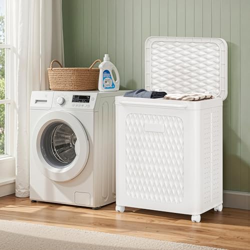 VECELO Rolling Laundry Hamper with Wheels and Lid, Foldable Plastic Laundry Basket with Handle, Rolling Divided Laundry Cart for Small Spaces, Laundry, Bathroom, Bedroom, White - color: White
