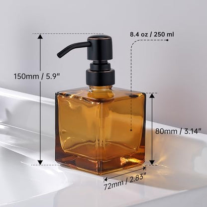 Square Bathroom Soap Dispenser Amber Bottle with Oil Rubbed Bronze Pump, Retangle Cube 8.4 oz Glass Bottles with Stainless Steel Pump Hand Liquid Soap Dispenser Kitchen - color: Amber and Oil Rubbed Bronze
