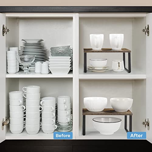 NEX Kitchen Cabinet and Counter Shelf Organizer, Shelf Riser for Pantry Countertop Cupboard Desk Top, Stackable & Expandable, Set of 4, Black and Rustic Brown | Stackable & Expandable Spice Rack, Space-Saving Pantry Organizers Bathroom Countertop Storage,