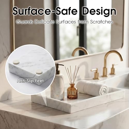 Natural Marble Tray Heavyweight Stone Vanity Tray for Bathroom Countertop, Coffee Table & Dresser - Handcrafted Rectangular Organizer (White X, 12" x 8" x 1.2") - color: White X