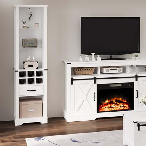 Tall Storage Cabinet with LED Lights and 3 Tier Adjustable Tempered Glass Shelves, Wine Bottle Storage and Reinforced Base, Freestanding Linen Tower w/ Extra Drawer for Kitchen, Living Room