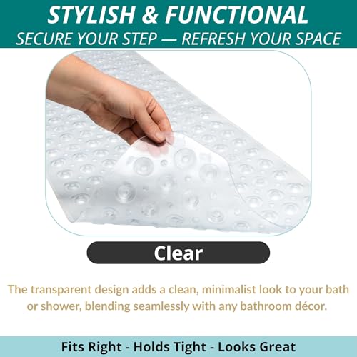 ENKOSI Non-Slip Bath & Shower Mat 40x16 Extra Long, Suction & Drain Holes | Clear look; Durable PVC; 40x16 in, Clear - color: Clear