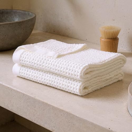 Sedona Waffle Hand Towels – 410 GSM 100% Cotton, Set of 2, Lightweight, Quick-Drying & Textured Towels, White - color: White, style: Hand Towel (Set of 2)