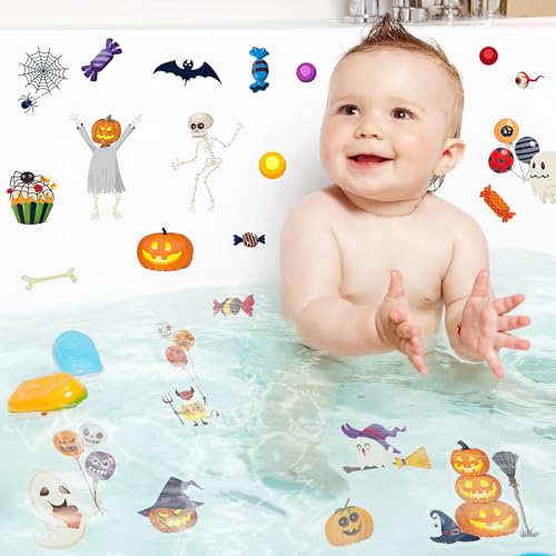 Halloween Non-Slip Bathtub Stickers, White Ghost Black Bat Pumpkin | 6 Pages, Anti-Slip Decals for Kids, With Scraper, Fun & Safe Bathtub Adhesive Appliques - color: Halloween