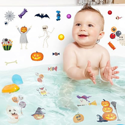 Halloween Non-Slip Bathtub Stickers, White Ghost Black Bat Pumpkin | 6 Pages, Anti-Slip Decals for Kids, With Scraper, Fun & Safe Bathtub Adhesive Appliques - color: Halloween