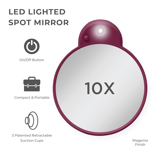 Compact Lighted Mirror with 10x Magnification & Retractable Suction Cups by Zadro - color: Magenta