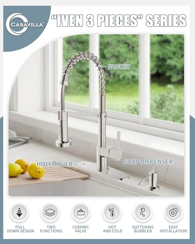 Kitchen Faucet Soap Dispenser,Faucet for Kitchen Sink, Kitchen Sink Faucets with Pull Down Sprayer and Dual Function Spray Head,RV Sink Faucet with Deck Plate,Nickel Brushed - color: B-Brushed Nickel, style: Classic