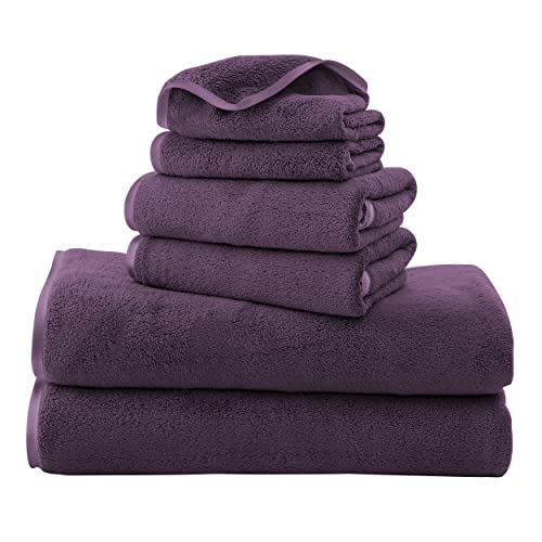TENSTARS Luxury Silk Hemming Towel Set - Light Thin Quick Drying - 2 Bath Towels 2 Hand Towels 2 Washcloths - Ultra Soft Microfiber Towel for Bath Fitness, Sports, Yoga, Travel (Grape Purple 6 Pieces) - color: Grape Purple, size: Towel Set - 6 Piece