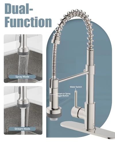 Kitchen Faucet with LED Light,Kitchen Faucet with Soap Dispenser,Faucet for Camper Farmhouse RV Kitchen Sink,Single Handle Stainless Steel Kitchen Sink Faucets with Pull Down Sprayer,Nickel Brushed - color: B-Brushed Nickel, style: Rustic