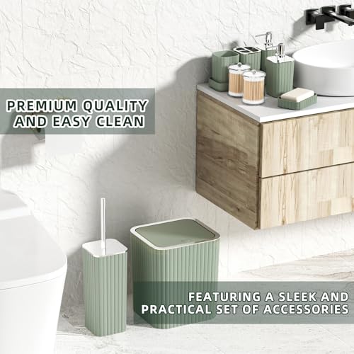 XLHOMO Bathroom Accessories Set - Gorgeous Sage Green Bathroom Set, 10PC Bathroom Accessory Set, Toilet Brush, Trash Can, Qtip Holder Dispenser & Soap Dispenser - size: Bath Set, style: Sage Green&Silver
