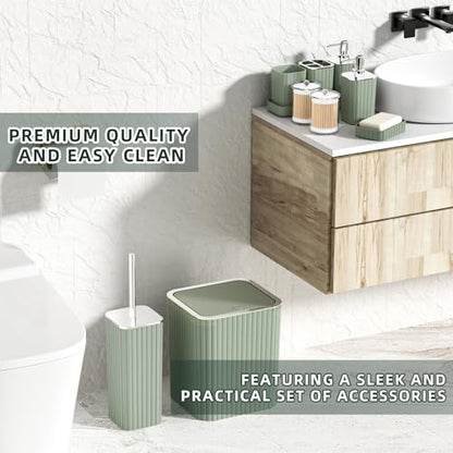 XLHOMO Bathroom Accessories Set - Gorgeous Sage Green Bathroom Set, 10PC Bathroom Accessory Set, Toilet Brush, Trash Can, Qtip Holder Dispenser & Soap Dispenser - size: Bath Set, style: Sage Green&Silver