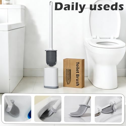 Silicone Toilet Brush and Holder Set, Flexible Toilet Bowl Brush Head with Silicone, Long Handle, Wall Mounted with Removable Anti-Leakage Base, Soft Bristles for Bathroom Deep Cleaning (White) - color: White
