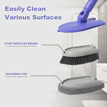 Tile Tub Scrubber Brush, Shower Scrubber Cleaning Brush with Long Handle | 2 Detachable Cleaning Heads, 180° Swivel Head for Cleaning Bathroom Kitchen Wall Tub Tile Shower