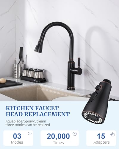 Metal Kitchen Faucet Head Replacement, 3-Mode Sprayer Head with 15 Adapters | 304 Stainless Steel, Pull Down Sink Faucet Head, Stream/Spray/Blade, Compatible with Moen/Delta/Kohler, Oil Rubbed Bronze - color: Oil Rubbed Bronze