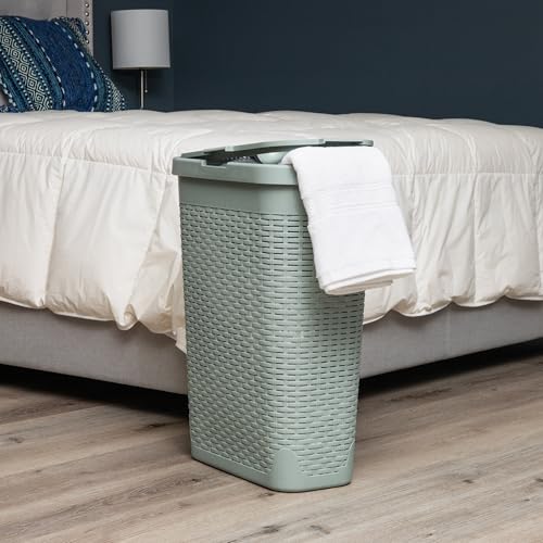 Mind Reader Slim Laundry Hamper with Lid, 40L Clothes Basket, Narrow Tapered Design with Ventilated Cutout Pattern, Plastic, Mint - color: Mint, size: Single