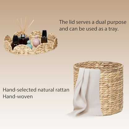 Small Round Water hyacinth Wicker Laundry hamper basket with lid | Eco-friendly,Handwoven,Natural Storage for Toys,Blankets,Dirty Clothes - Bedroom & Bathroom - size: Small