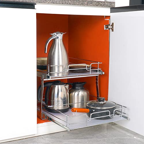 VEVOR 2 Tier 20"Wx21.2"Dx15.2"HPull Out Cabinet Organizer, Heavy Duty Slide Out Pantry Shelves, Steel Roll Out Drawers, Sliding Drawer Storage for Home, 21.5"Wx22.5"Dx19"H Install Size for Cabinet - size: 20"Wx21.2"Dx15.2"H