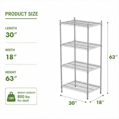 APLSS NSF 4-Tier Chrome Storage Shelves, 18"x30"x63", Dry Environments, Commercial Heavy Duty Steel Wire Shelving Unit, 800lbs Per Shelf,Kitchen Garage - color: Chrome, size: 18"x30"x63"