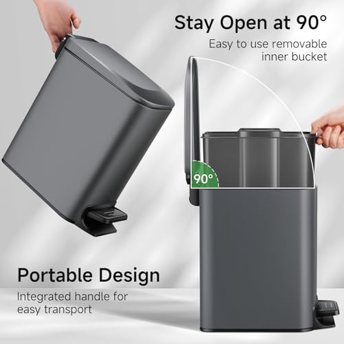 TIPGO Slim Bathroom Trash Can with Lid Soft Close, 6 Liter / 1.6 Gallon Stainless Steel Garbage Can with Removable Inner Bucket, Step Pedal, Small Trash Cans for Bedroom, Office, Kitchen (Grey) - color: Grey