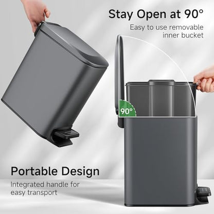 TIPGO Slim Bathroom Trash Can with Lid Soft Close, 6 Liter / 1.6 Gallon Stainless Steel Garbage Can with Removable Inner Bucket, Step Pedal, Small Trash Cans for Bedroom, Office, Kitchen (Grey) - color: Grey