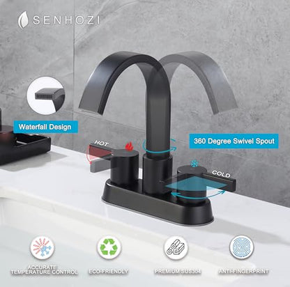 Matte Black Bathroom Faucets 3 Hole, 4 Inch Centerset Faucet | 4 Inch Centerset Bathroom Faucet, 360 Swivel Spout, Stainless Steel Bathroom Faucet with Pop Up Drain - color: Matte Black