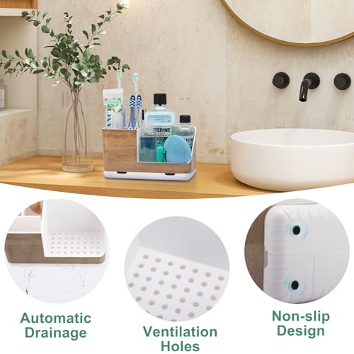 Toothbrush Holders for Bathrooms Countertop Organizer (Wood Grain) | Easy To Clean, Drainage, Non-Slip, Detachable, Kids Electric Toothbrush and Toothpaste Holder - color: Wood Grain