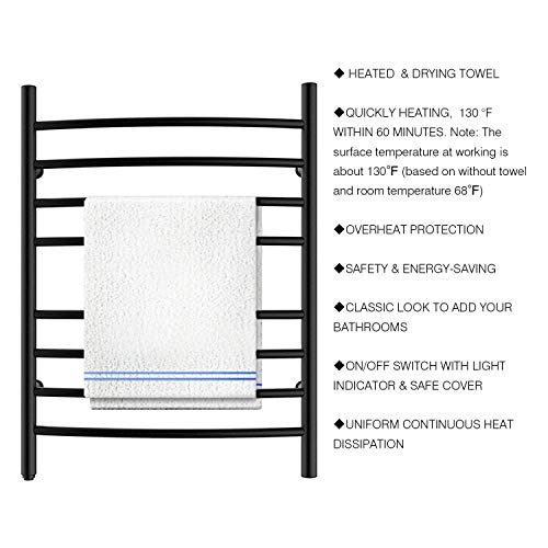 8-Bar Towel Warmer, Heated Towel Rack, Plug-in, Matte Black | 304 Stainless Steel Curved 8-Bar Wall-Mounted Towel Warmer With Plug-In Installation Only For Bathrooms - color: Matte Black