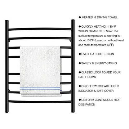 8-Bar Towel Warmer, Heated Towel Rack, Plug-in, Matte Black | 304 Stainless Steel Curved 8-Bar Wall-Mounted Towel Warmer With Plug-In Installation Only For Bathrooms - color: Matte Black