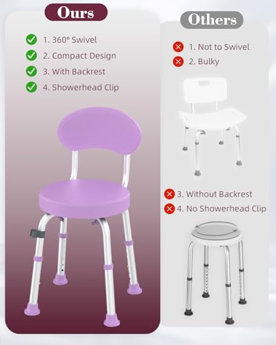Swivel Shower Chair, 360° Non-Slip Shower Seat with Backrest for Elderly and Disabled, Height Adjustable Rotating Tub Bench for Seniors Bathroom Inside Shower with Compact Frame (Purple) - color: Purple