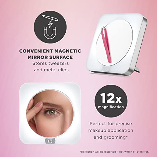 Conair Lighted Makeup Mirror, LED Vanity Mirror, 12X Magnifying Mirror, Compact Travel Mirror with Suction Cup, Battery Operated in White (Pack of 2) - size: 1.5x4.38x6.62 Inch (Pack of 2), style: Suction Cup Mirror