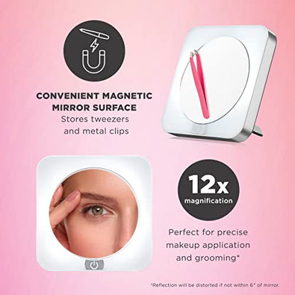Conair Lighted Makeup Mirror, LED Vanity Mirror, 12X Magnifying Mirror, Compact Travel Mirror with Suction Cup, Battery Operated in White (Pack of 2) - size: 1.5x4.38x6.62 Inch (Pack of 2), style: Suction Cup Mirror