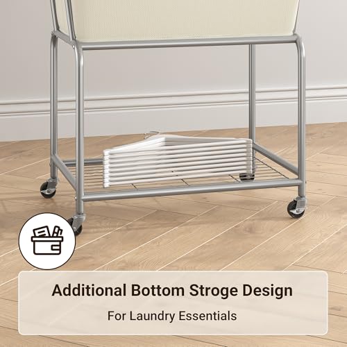 ELYKEN Rolling Laundry Hamper with Wheels, Removable Bag, Laundry Cart | 32-Gallon (122L), 2-Tier Clothes Basket with Shelf, Metal Frame, Ideal for Closet, Bedroom, Bathroom & Laundry Room, Cream - color: Cream, size: 27.4"L x 19.9"W x 30.9"H