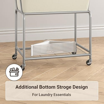 ELYKEN Rolling Laundry Hamper with Wheels, Removable Bag, Laundry Cart | 32-Gallon (122L), 2-Tier Clothes Basket with Shelf, Metal Frame, Ideal for Closet, Bedroom, Bathroom & Laundry Room, Cream - color: Cream, size: 27.4"L x 19.9"W x 30.9"H
