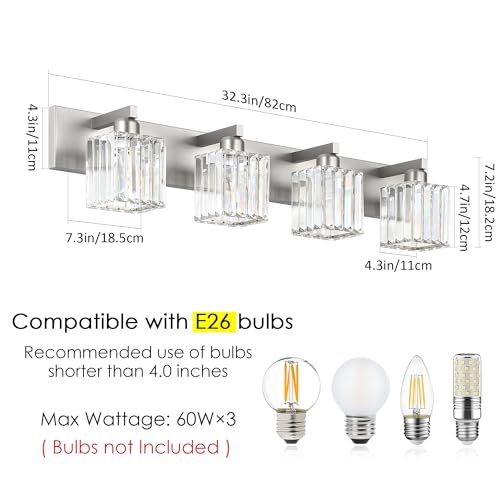 Aipsun Brushed Nickel Bathroom Lighting Fixtures 4 Light Crystal Modern Bathroom Vanity Light (Exclude Bulb) - color: Brushed Nickel, size: 32 inch