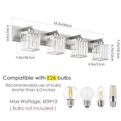 Aipsun Brushed Nickel Bathroom Lighting Fixtures 4 Light Crystal Modern Bathroom Vanity Light (Exclude Bulb) - color: Brushed Nickel, size: 32 inch