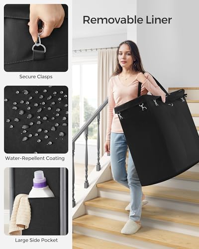 SONGMICS Laundry Basket with Wheels, 3-Section Rolling Laundry Hamper, 52.8 Gallons (200 L), Removable Liner, Steel Frame with Handle, 35.8 x 15.4 x 31.9 Inches, Ink Black URLS005B01 - color: Ink Black, size: 200 L (3-Section)