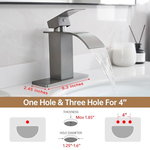 Waterfall Single Handle Bathroom Sink Faucet Grey | Vanity Faucet with Pop-up Drain, llaves para lavamanos de baño, Ceramic Valve, for 1 or 3 Hole Modern Bathrooms. - color: Gray